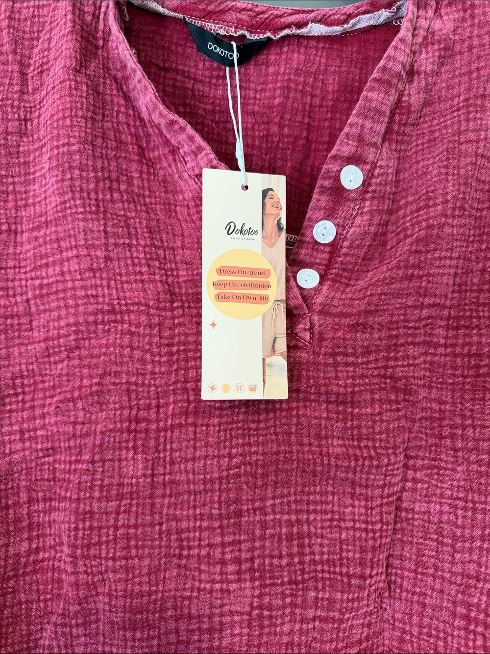 Relaxed Gauze Henley Top - Raspberry Pink - Picture 2 of 3